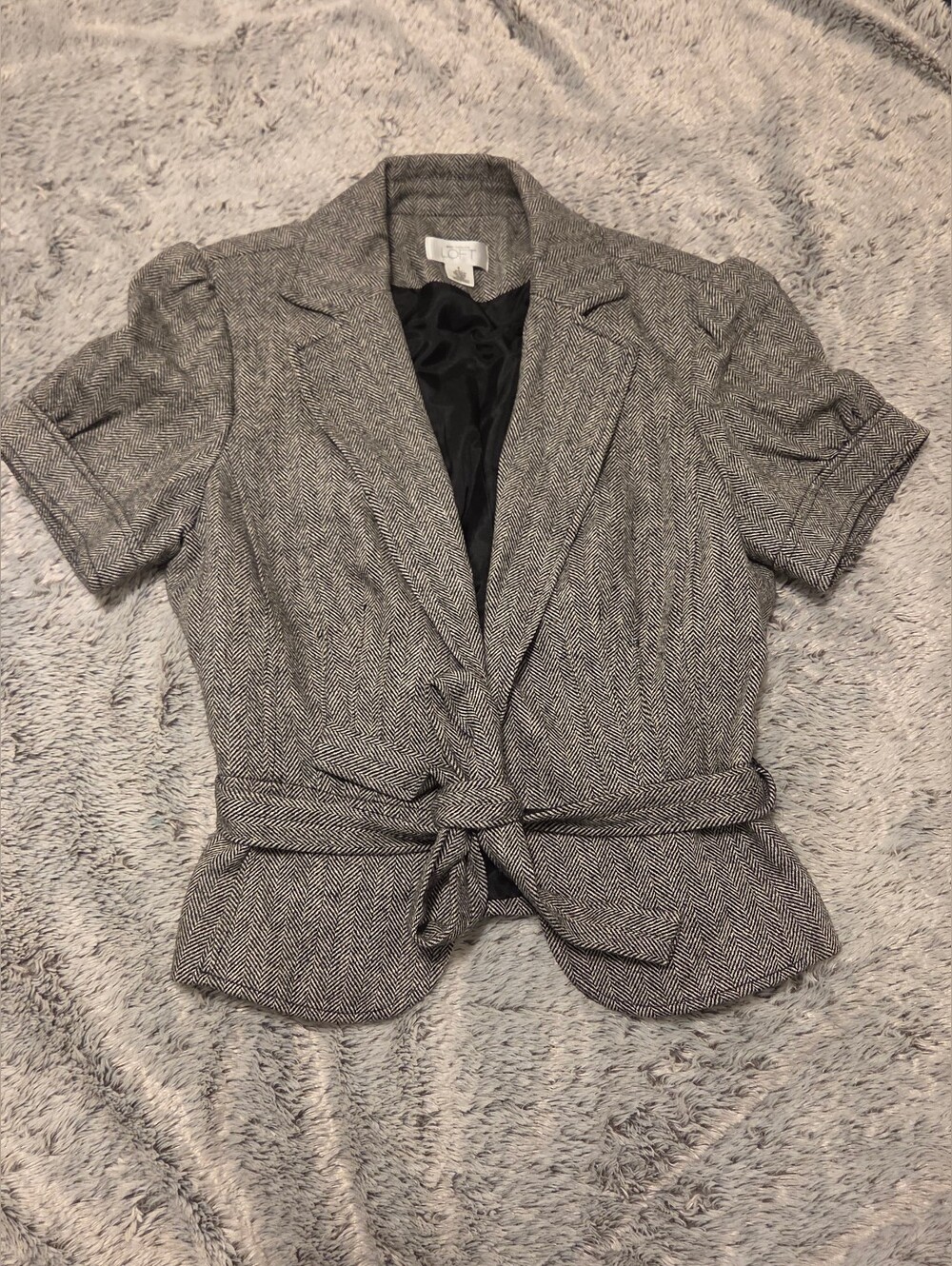 LOFT Gray Herringbone Tie-Waist Short Sleeve Blazer Sz 8